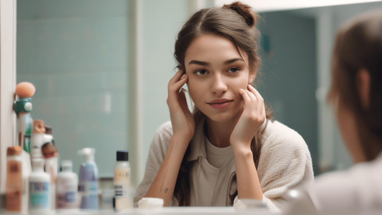 Teenager checking skin in mirror