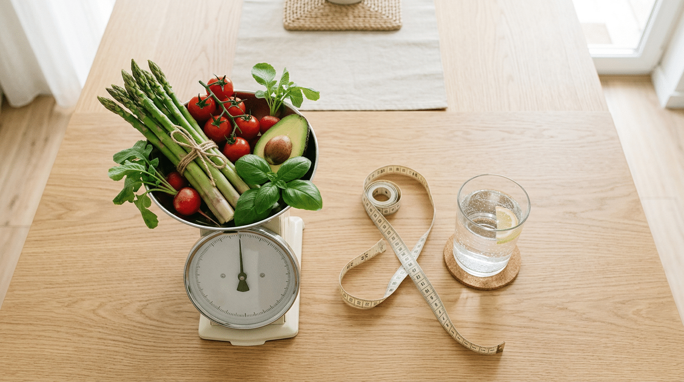 Healthy weight loss essentials with fresh vegetables, a kitchen scale and a measuring tape