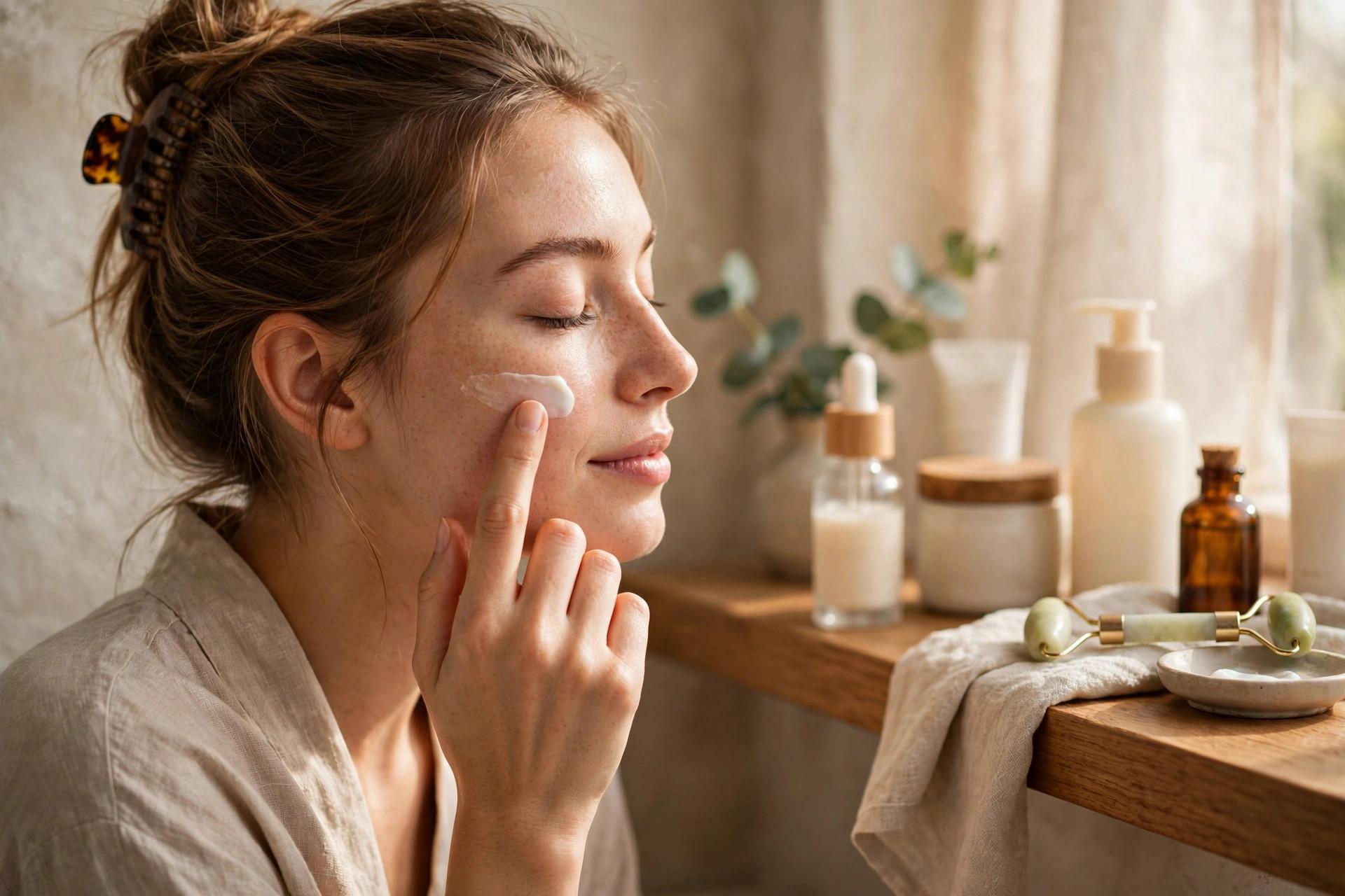 Woman applying a light moisturiser to her cheek in soft morning light, with skincare bottles on a bathroom shelf