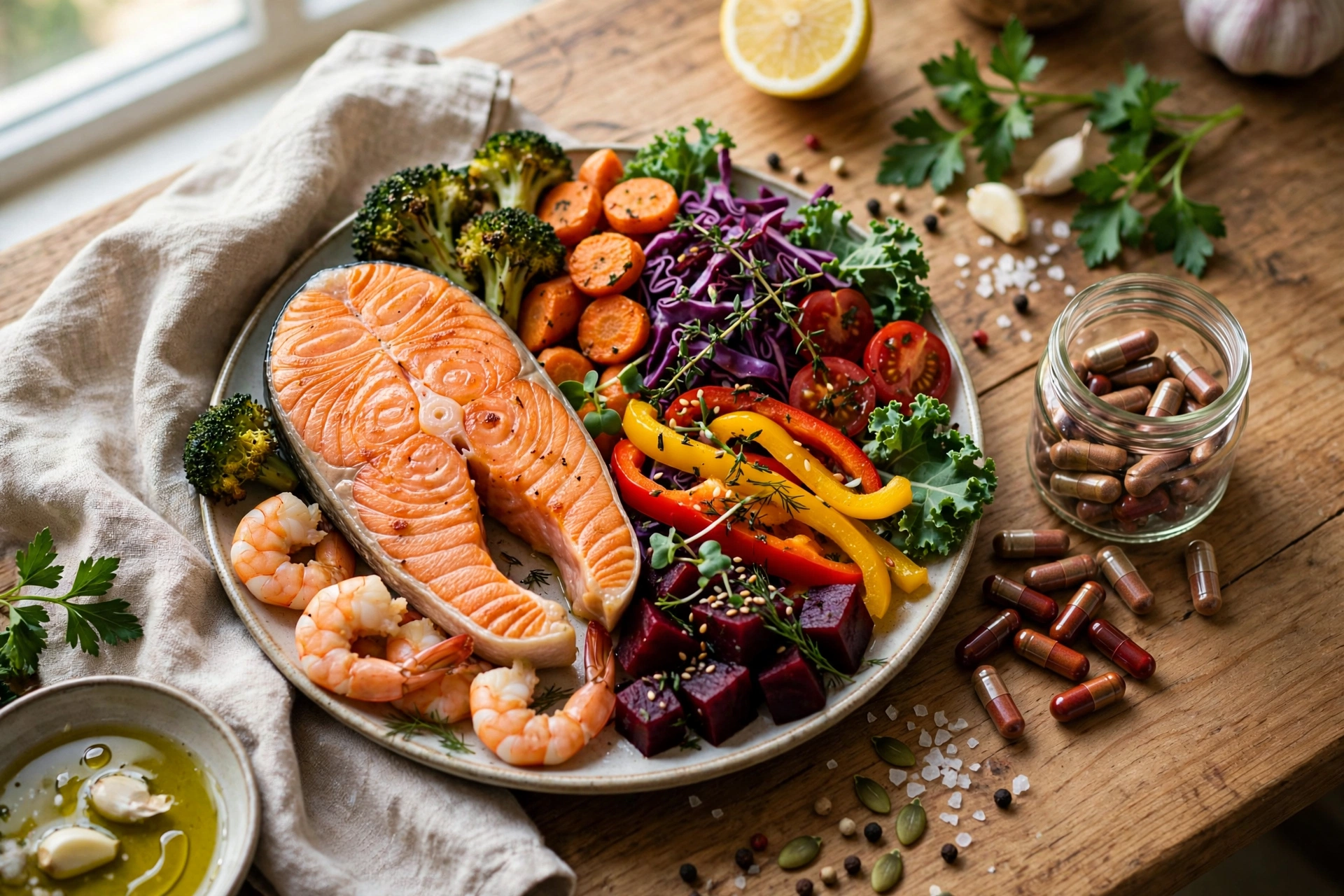 Astaxanthin-rich foods including salmon and vegetables with supplement capsules