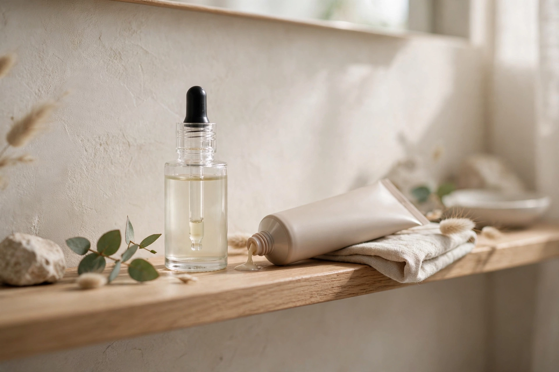 Azelaic acid skincare serum and cream on a bathroom shelf