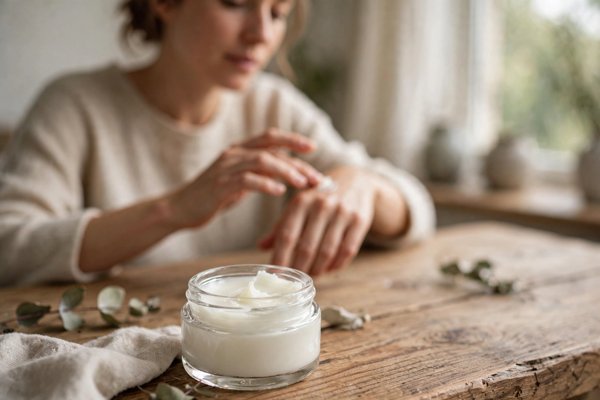 Small open glass jar of creamy white balm on a wooden surface, with hands being moisturised softly in the background