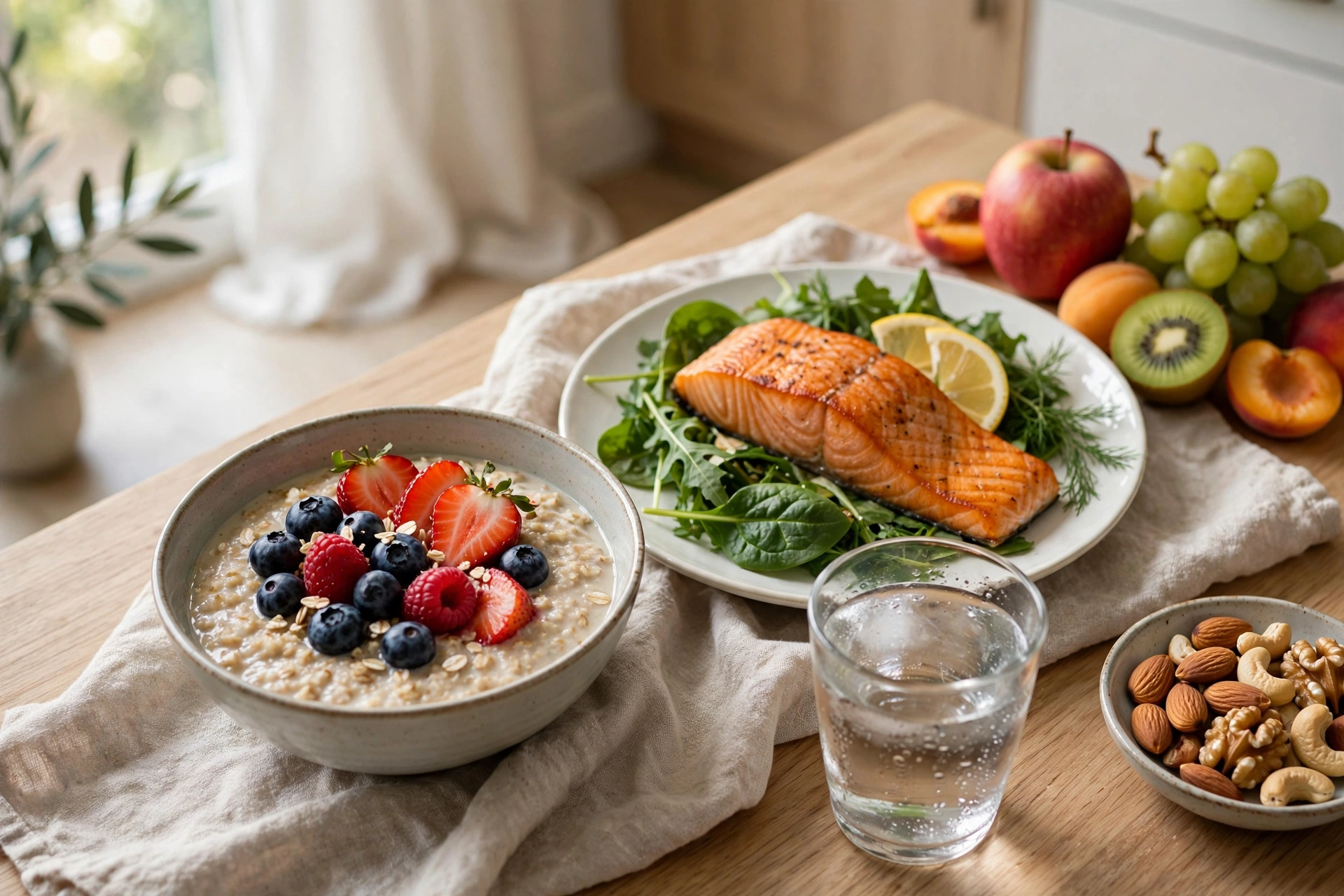 A breastfeeding mother eating a balanced meal with vegetables, whole grains and protein