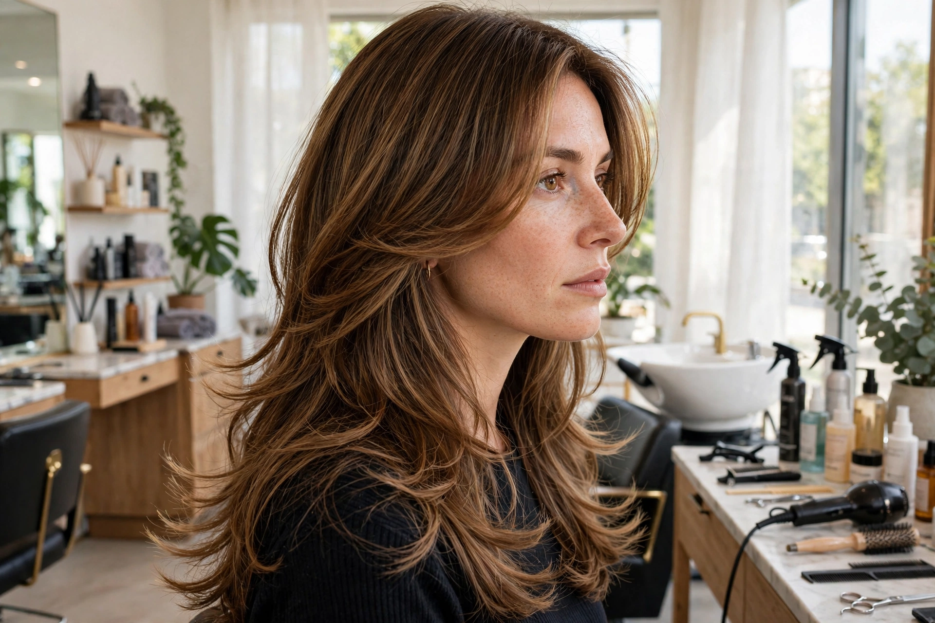 Woman in a salon showing a long butterfly haircut with soft face-framing layers