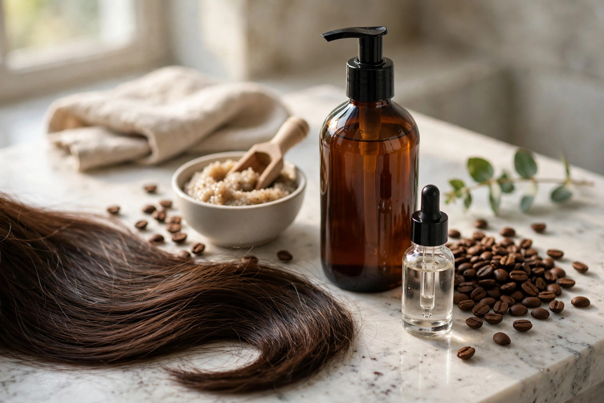 Caffeine hair care products with coffee beans for scalp and hair care