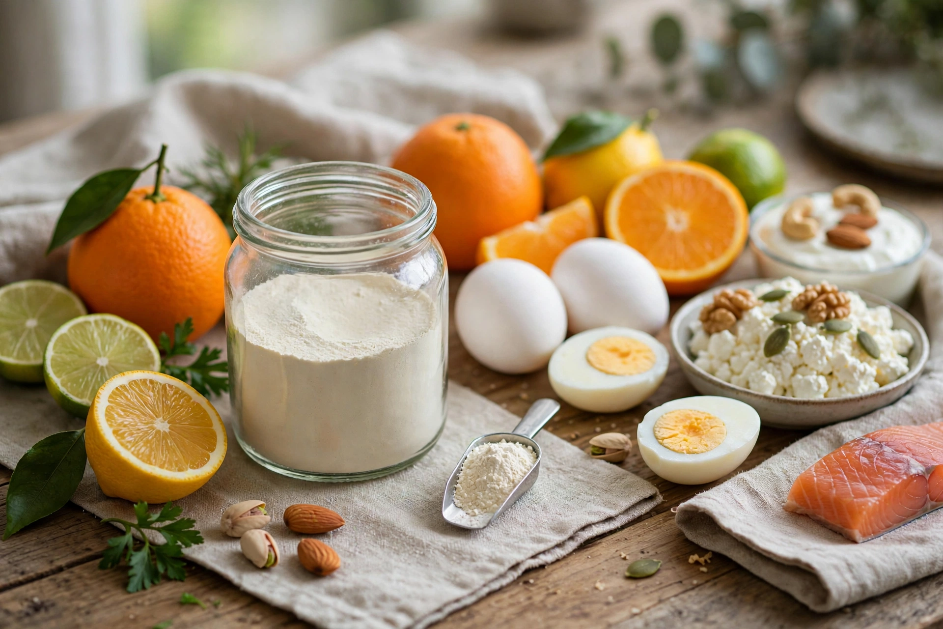 Unlabelled jar of collagen powder with eggs, citrus fruit and protein foods on a kitchen table