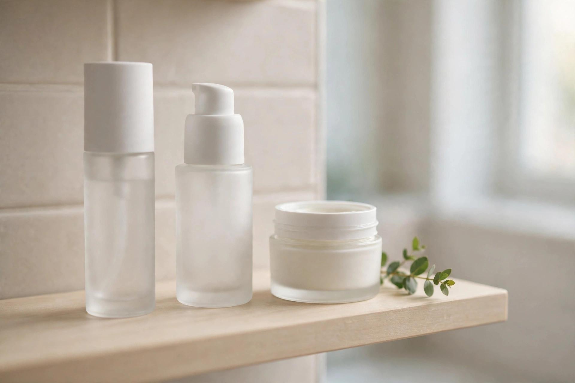Plain unlabelled skincare bottles and a cream jar on a light bathroom shelf, with a green leaf beside them