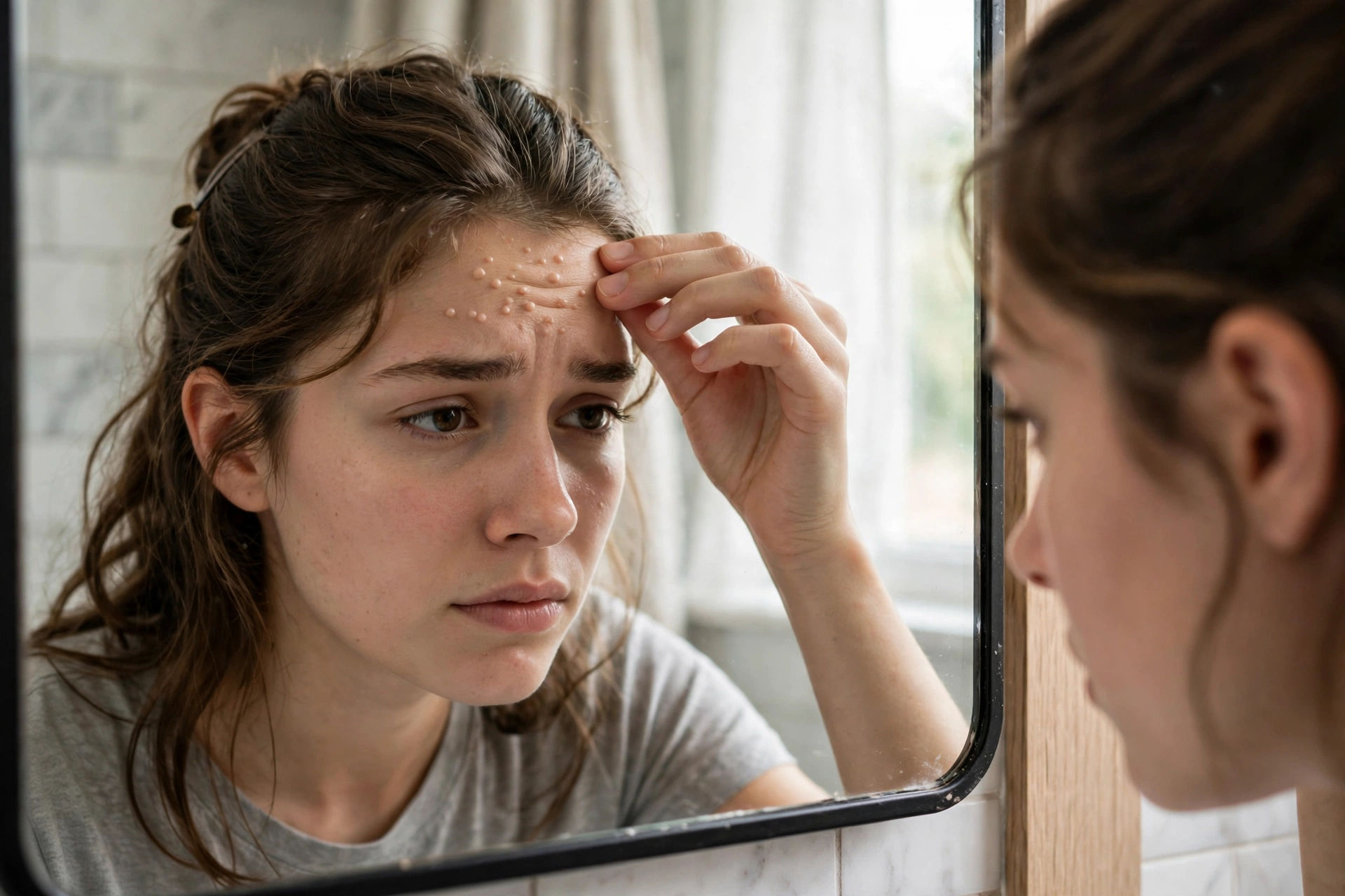 Young adult examining small uniform bumps on the forehead in a bathroom mirror