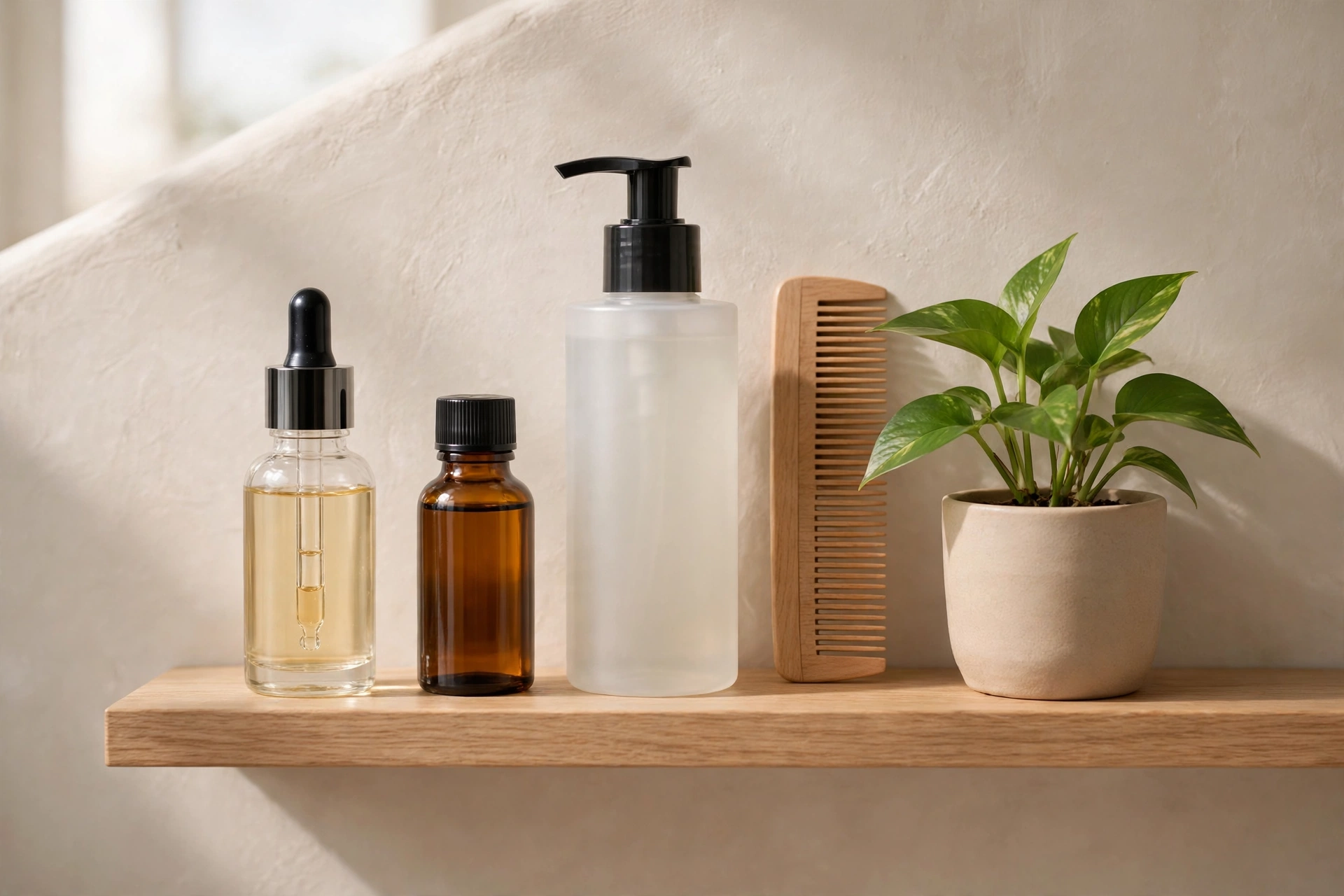 Unbranded hair growth serum, oil and shampoo bottles with a wooden comb and a green plant on a shelf.