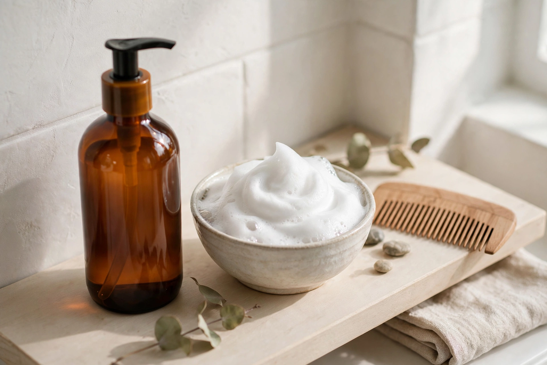 Shampoo bottle with lather and a wooden comb