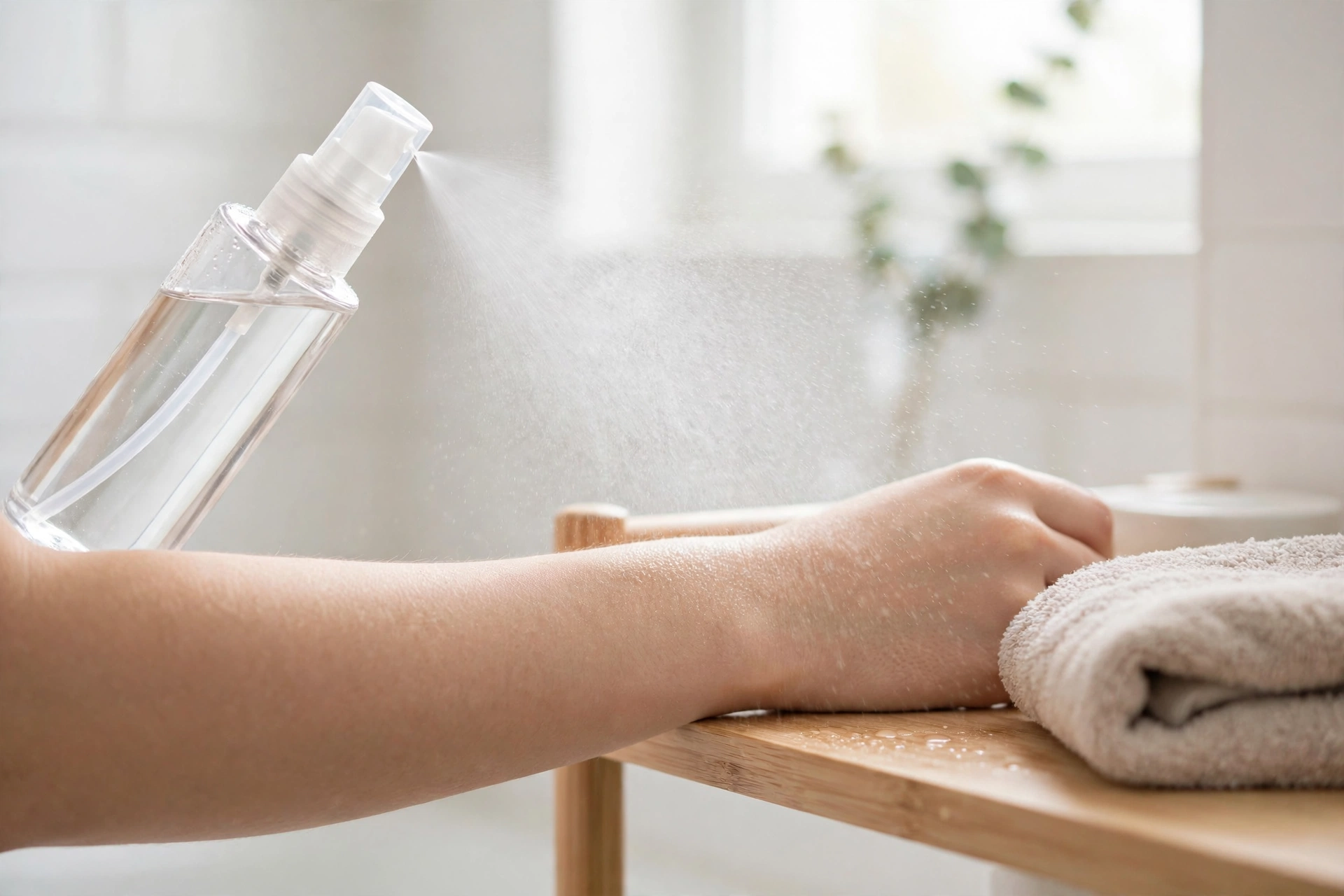 Clear spray bottle misting over clean skin on a bright bathroom shelf with a soft towel nearby