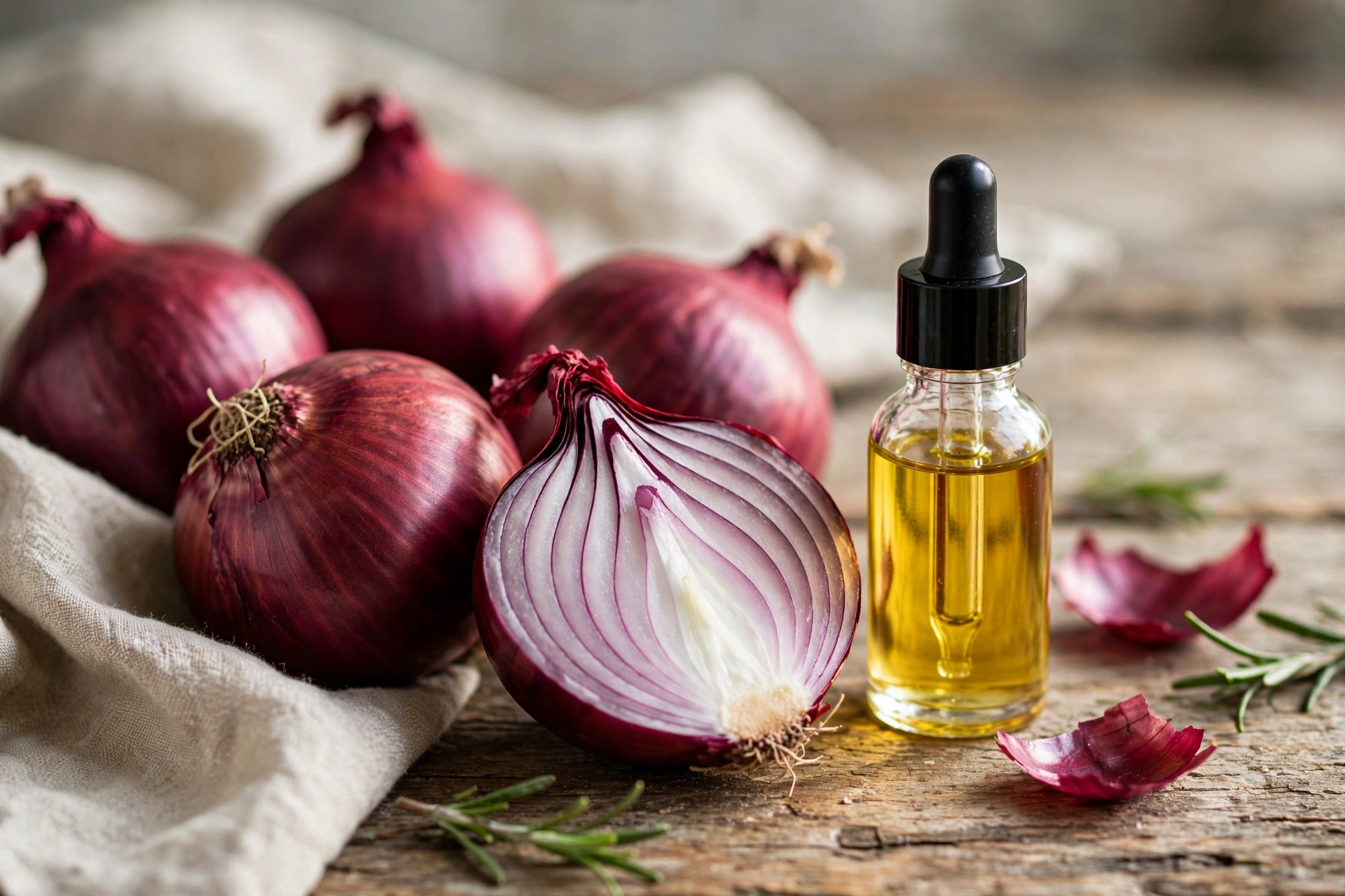 Red onions and a bottle of onion hair oil