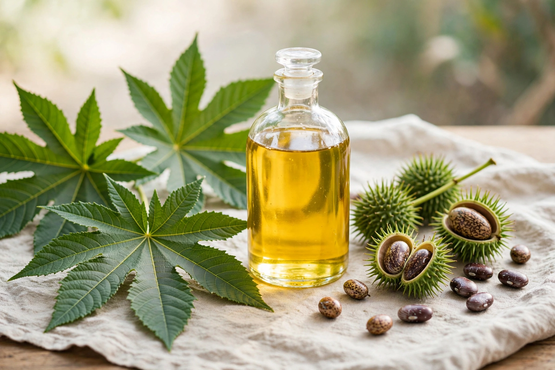 Bottle of castor oil with castor leaves and beans