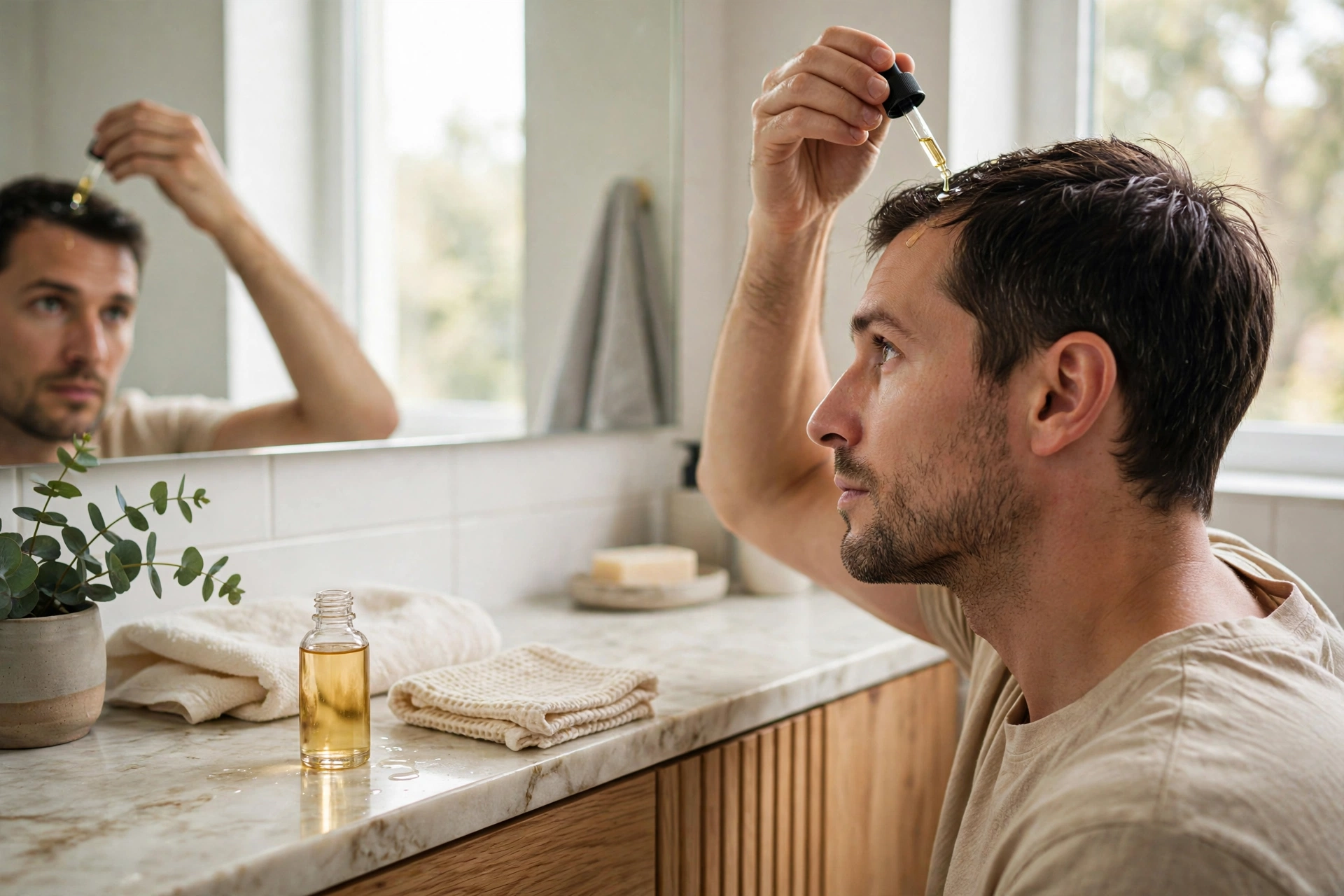 Man applying hair oil to his scalp in front of a mirror