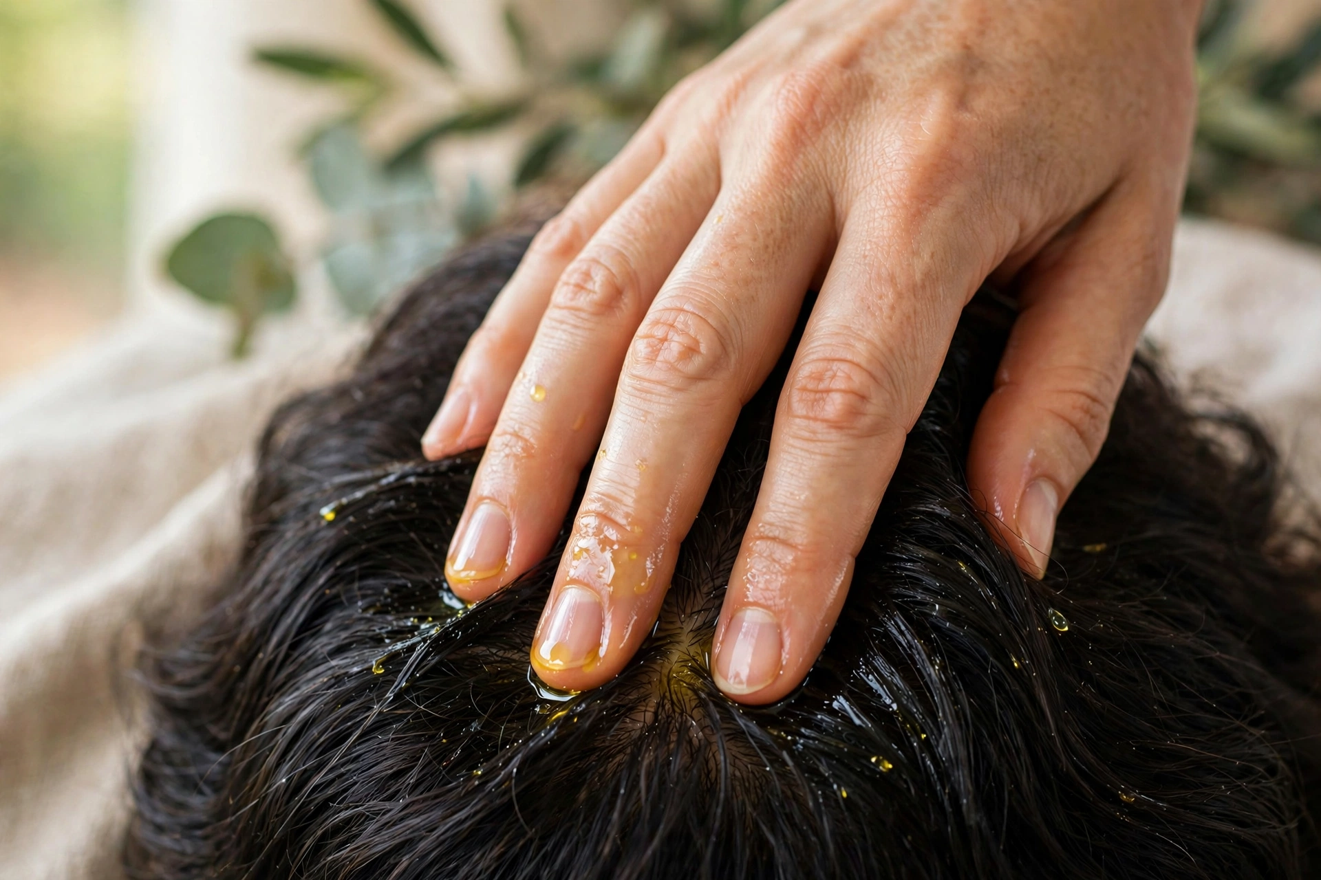 Fingertips massaging oil into a dry scalp
