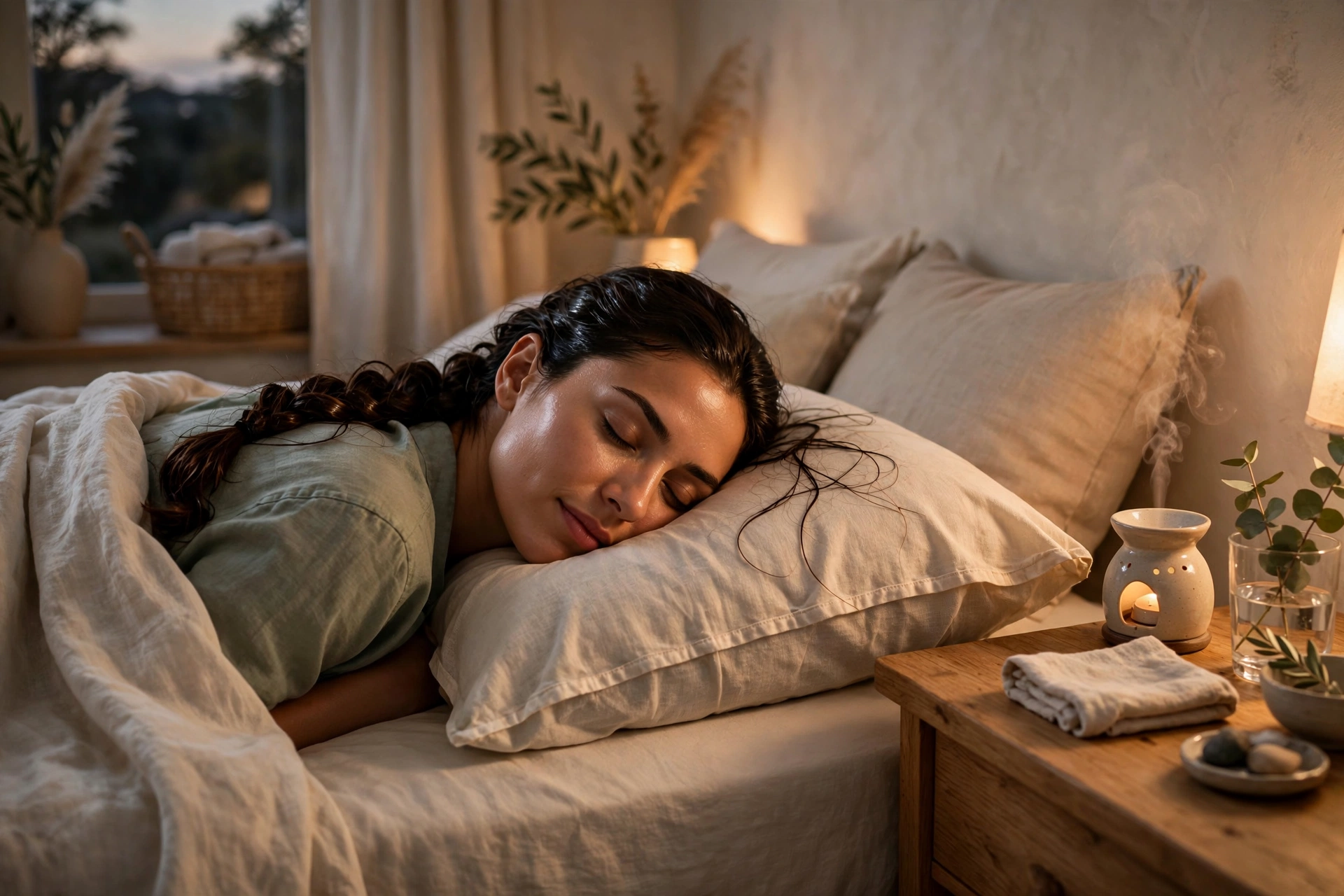 Woman with oiled hair in a loose braid resting on a pillow