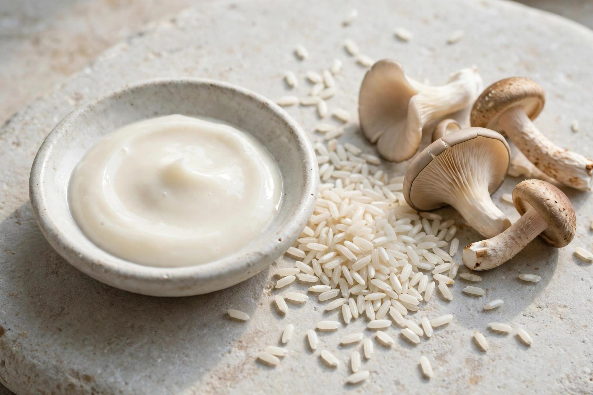 Ceramic dish of brightening serum with rice grains and mushrooms on a light stone surface