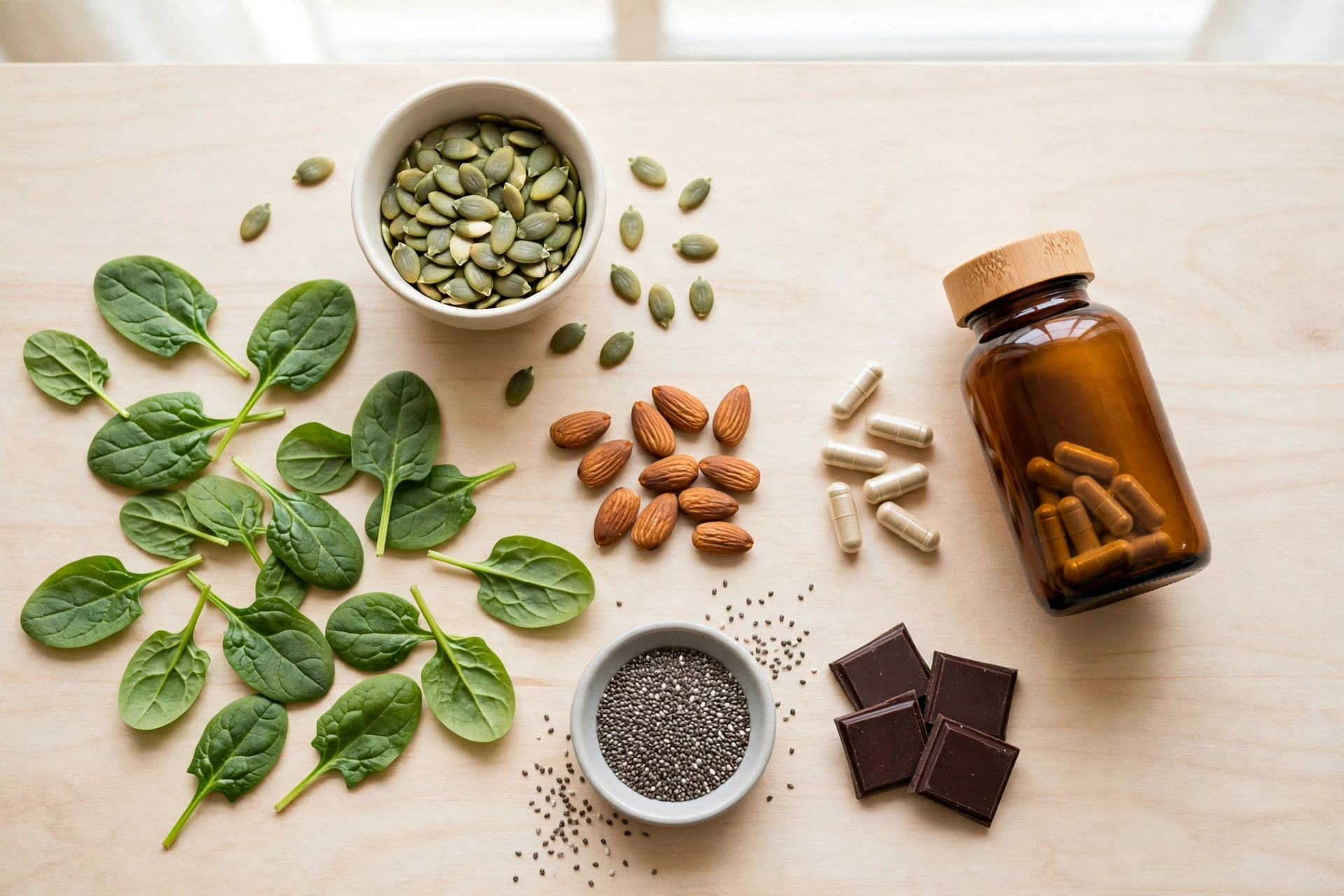 Magnesium-rich foods — pumpkin seeds, spinach, almonds, chia seeds and dark chocolate — beside a magnesium supplement bottle