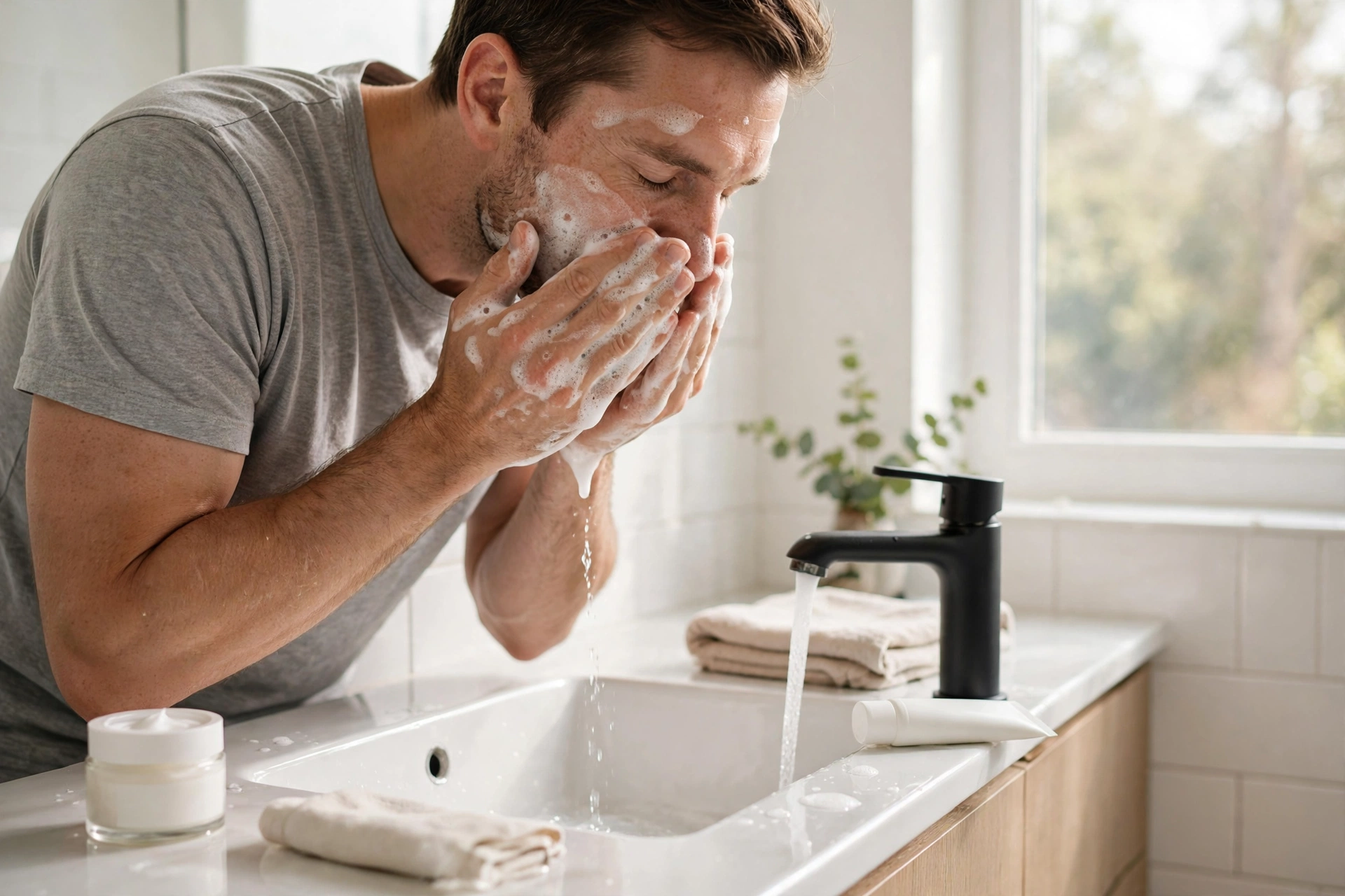 Man washing his face with cleanser at a bathroom sink in the morning.