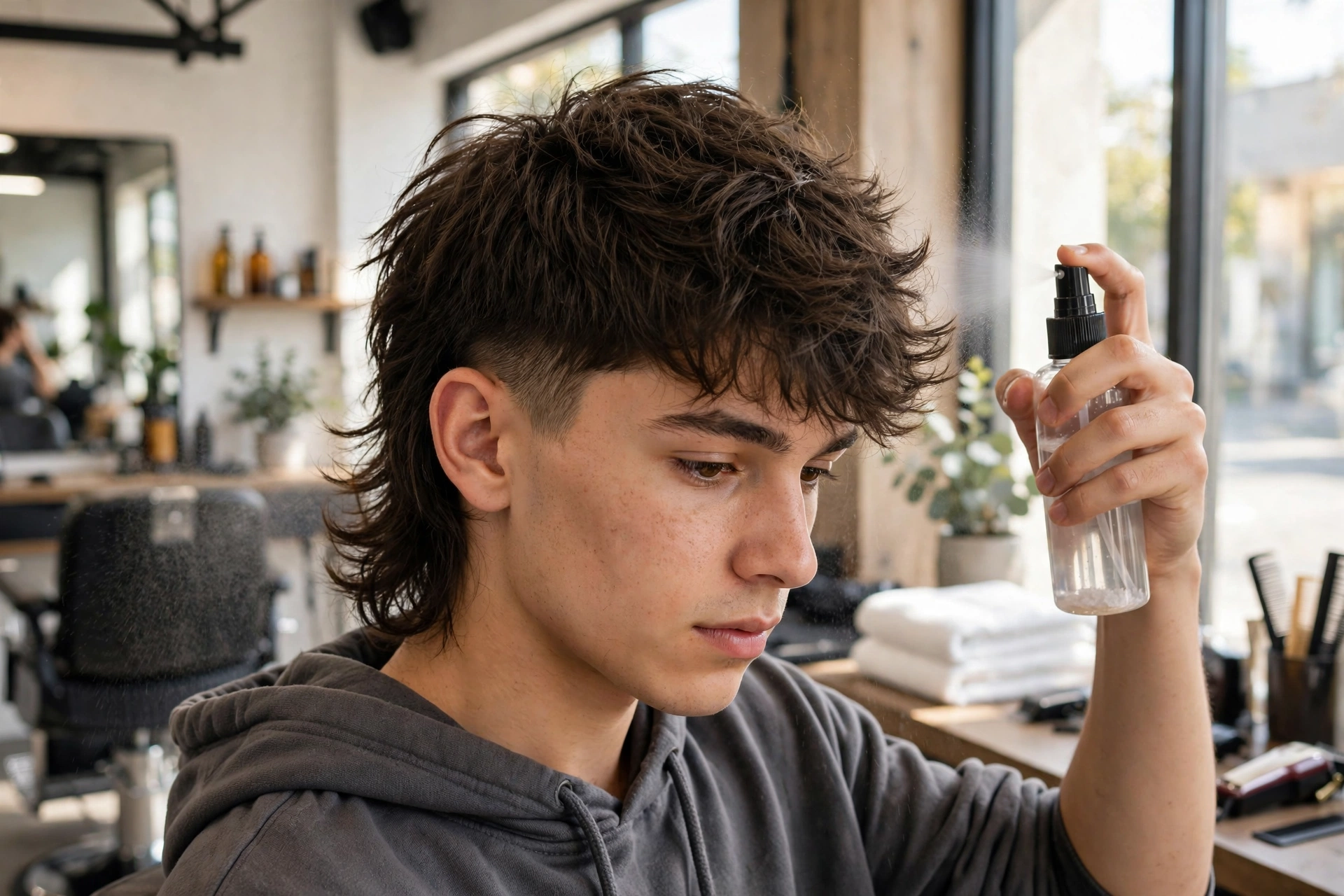 Young person with a textured modern mullet haircut holding a sea salt spray bottle in a barbershop