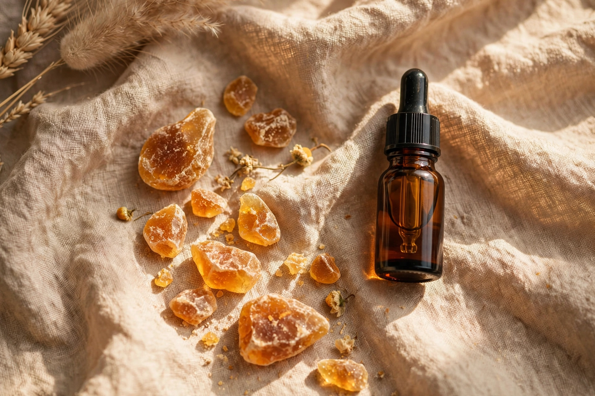 Small amber bottle of myrrh essential oil beside golden myrrh resin tears on warm linen