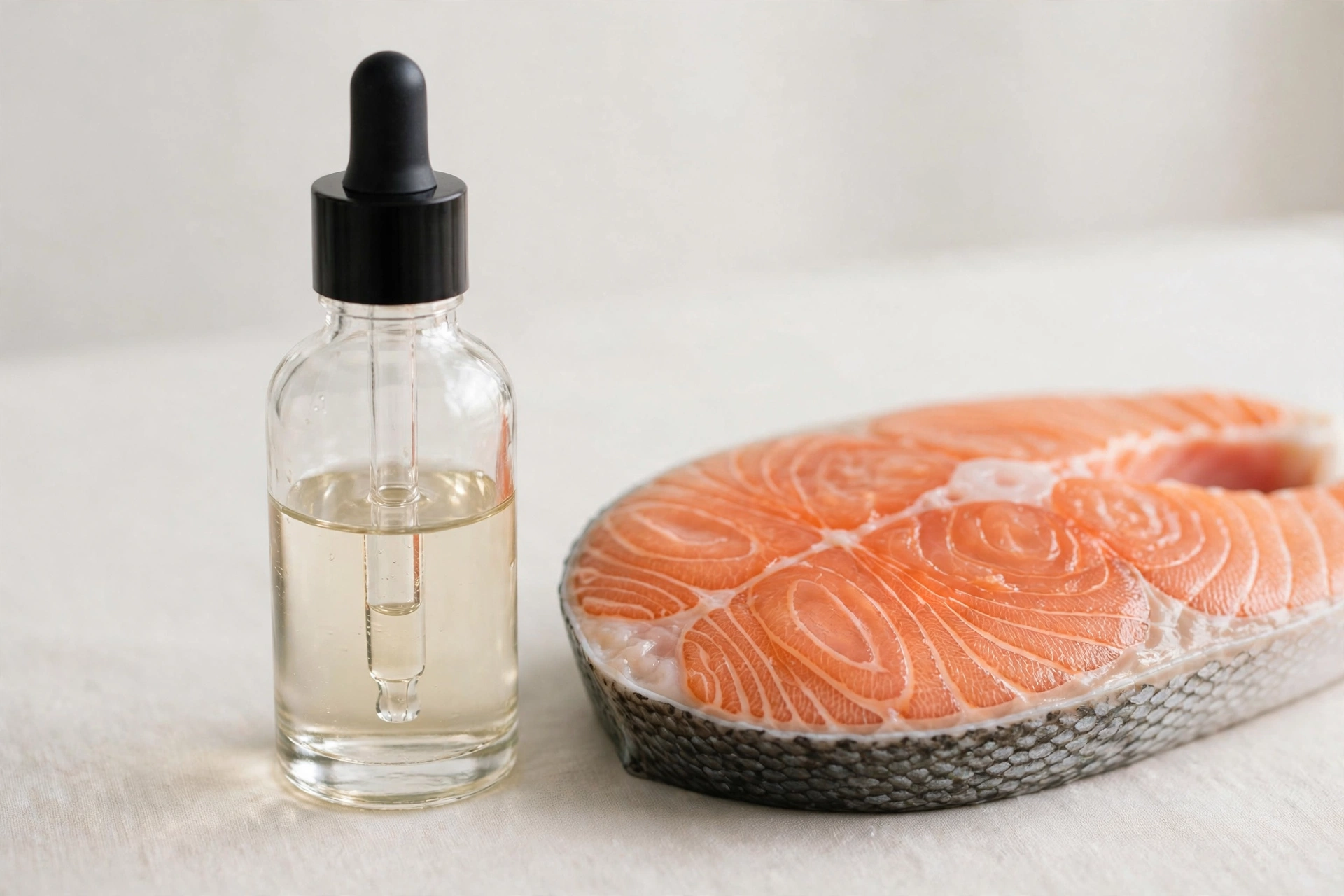Clear glass serum dropper bottle beside a fresh salmon fillet on a clean light background