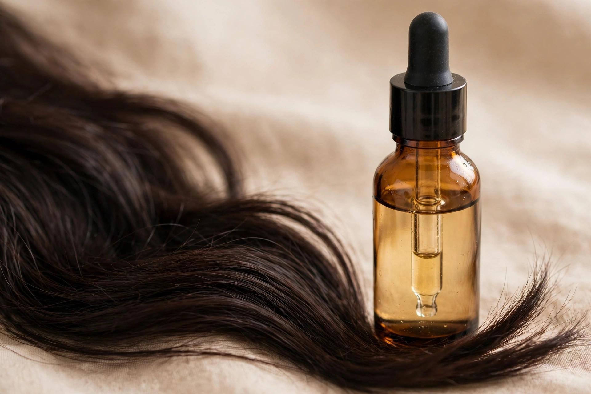 Close-up of a peptide hair serum dropper bottle next to healthy-looking dark hair