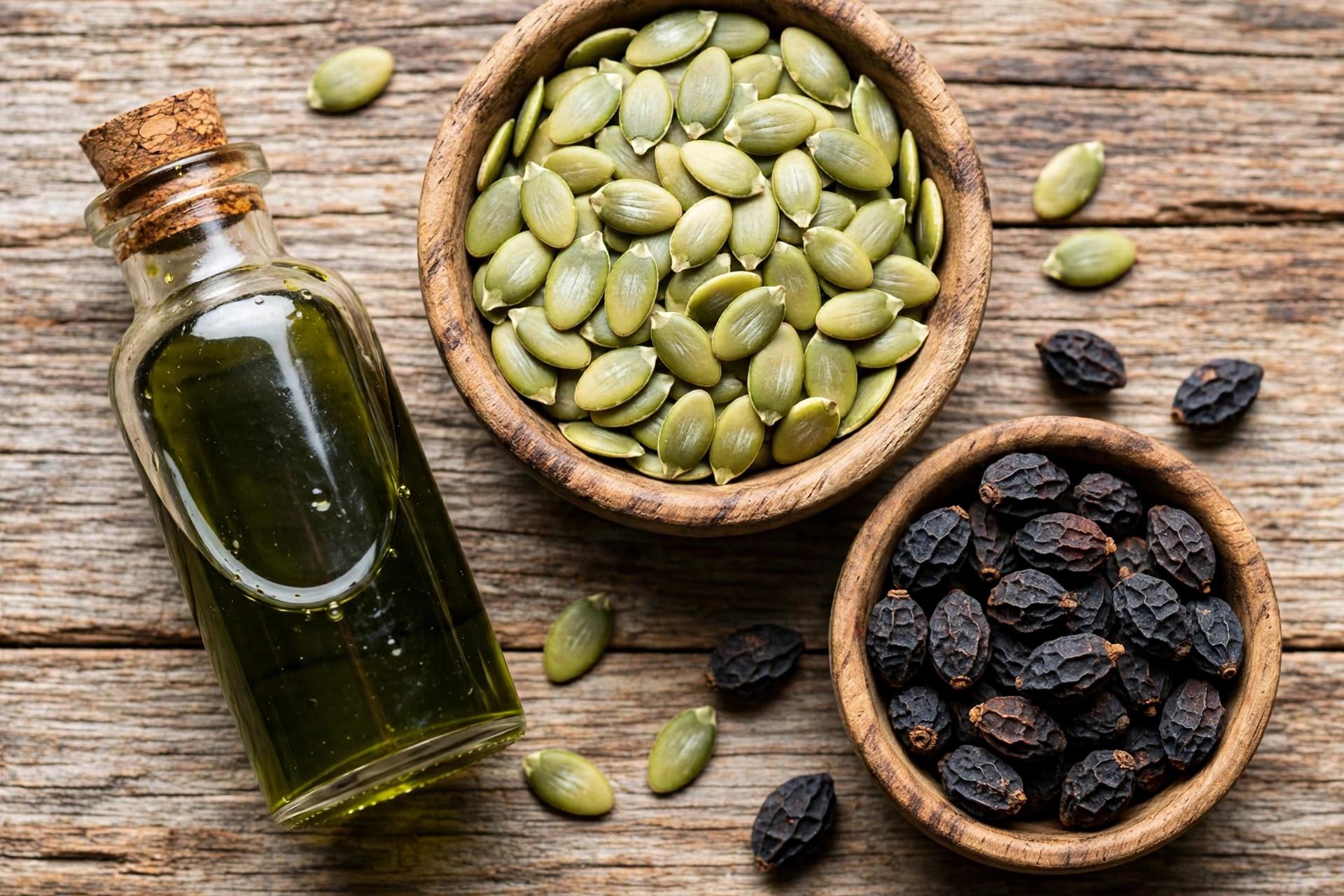 Green pumpkin seed oil in a glass bottle beside raw pumpkin seeds and dried saw palmetto berries in wooden bowls