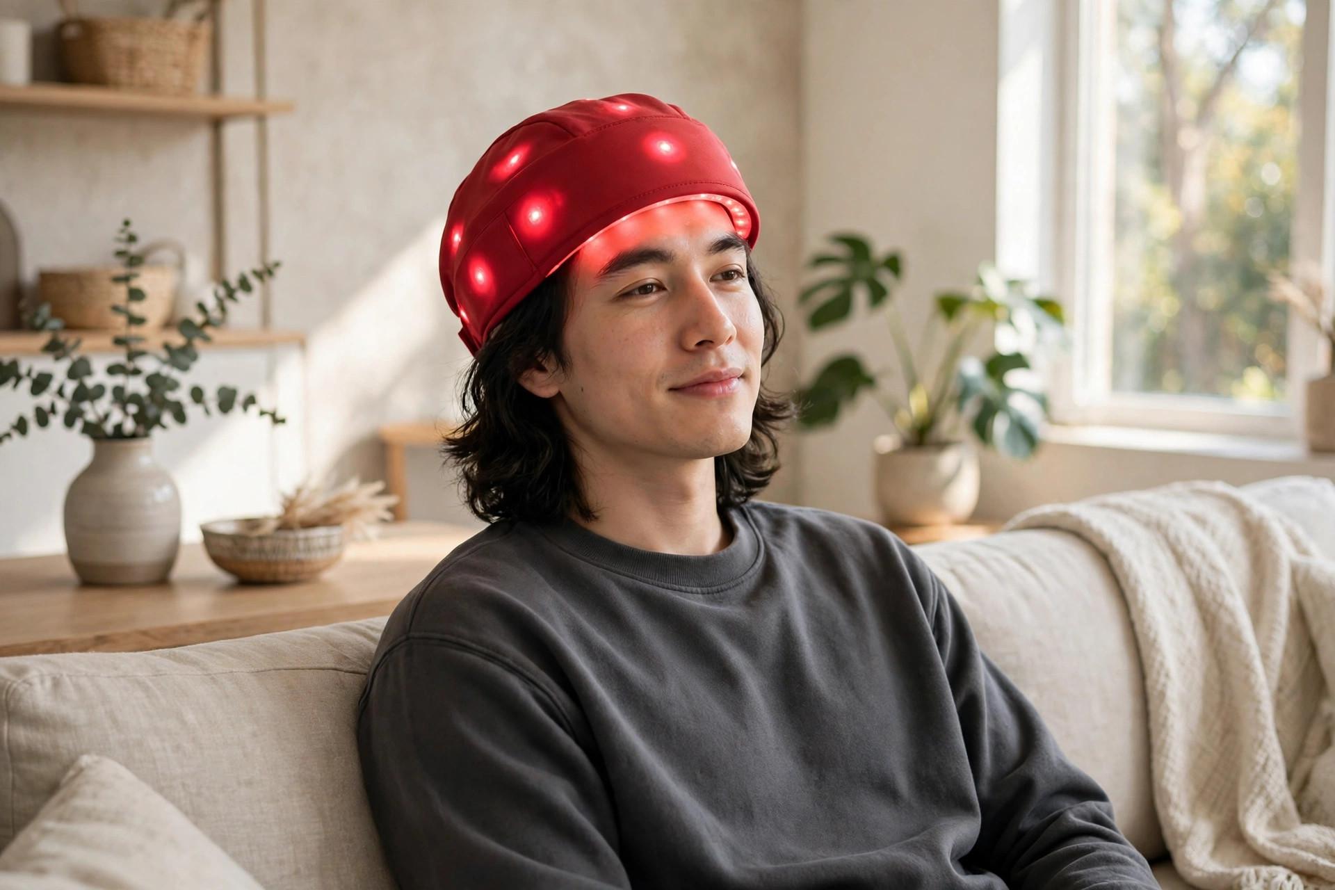 Person wearing a red light therapy cap with a soft red glow, seated at home in a bright living room