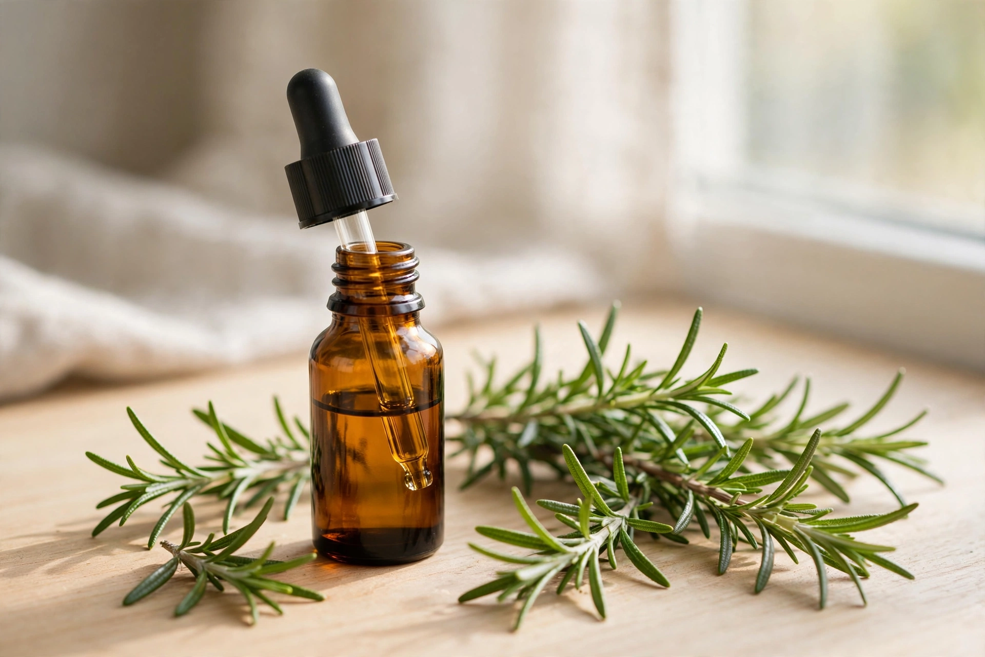Rosemary oil bottle with fresh rosemary sprigs