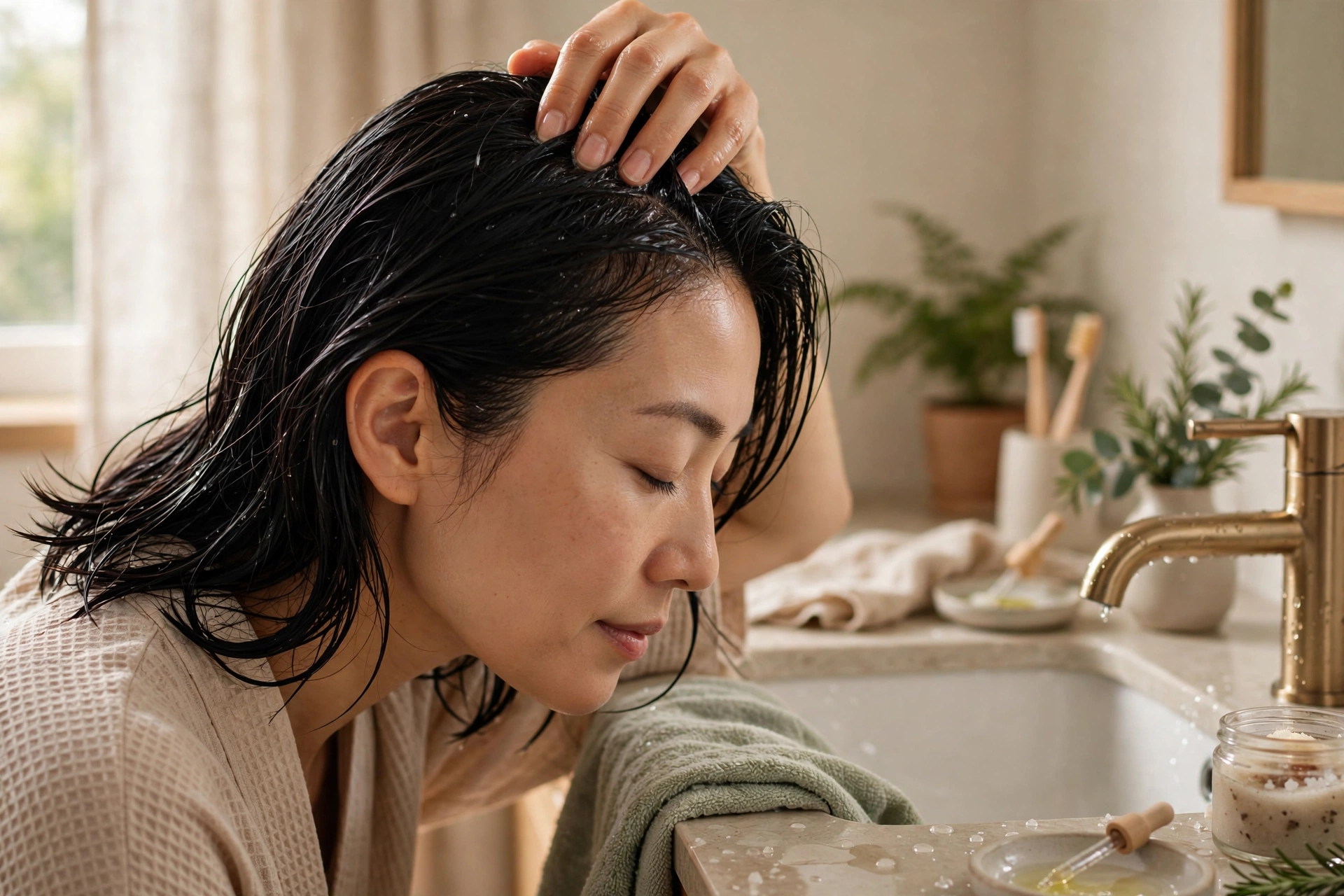 Person gently massaging their scalp during a calm hair washing routine at home