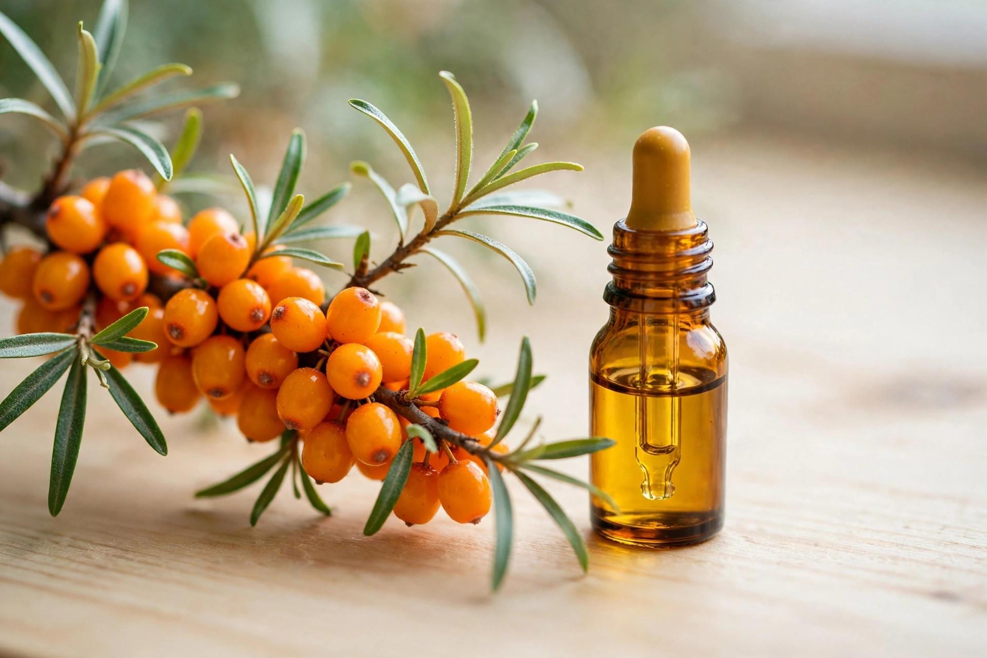Fresh orange sea buckthorn berries on a branch beside a small amber glass dropper bottle of golden oil