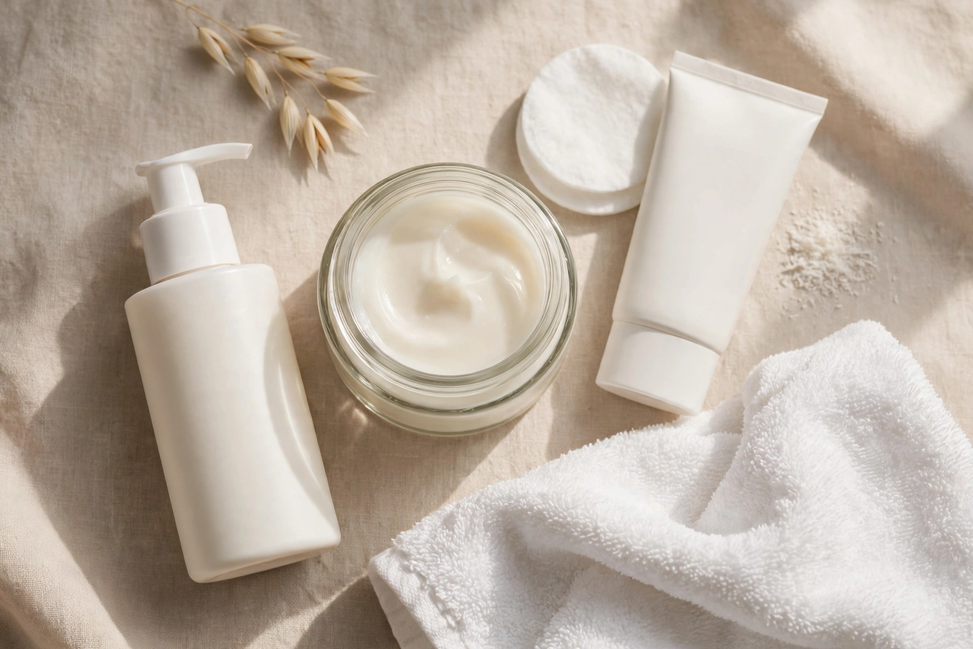 Gentle cleanser, ceramide moisturiser and sunscreen for skin barrier repair on a beige background