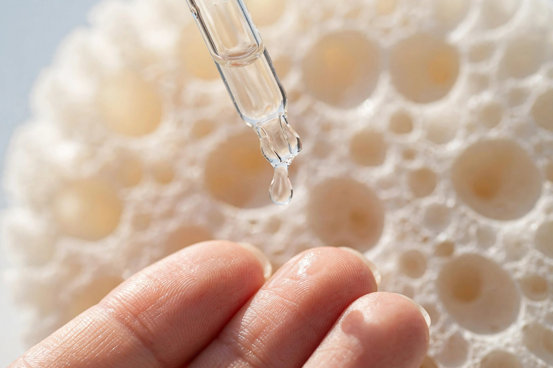 Glass serum dropper releasing clear spicule serum onto fingertips beside a magnified sponge-like texture