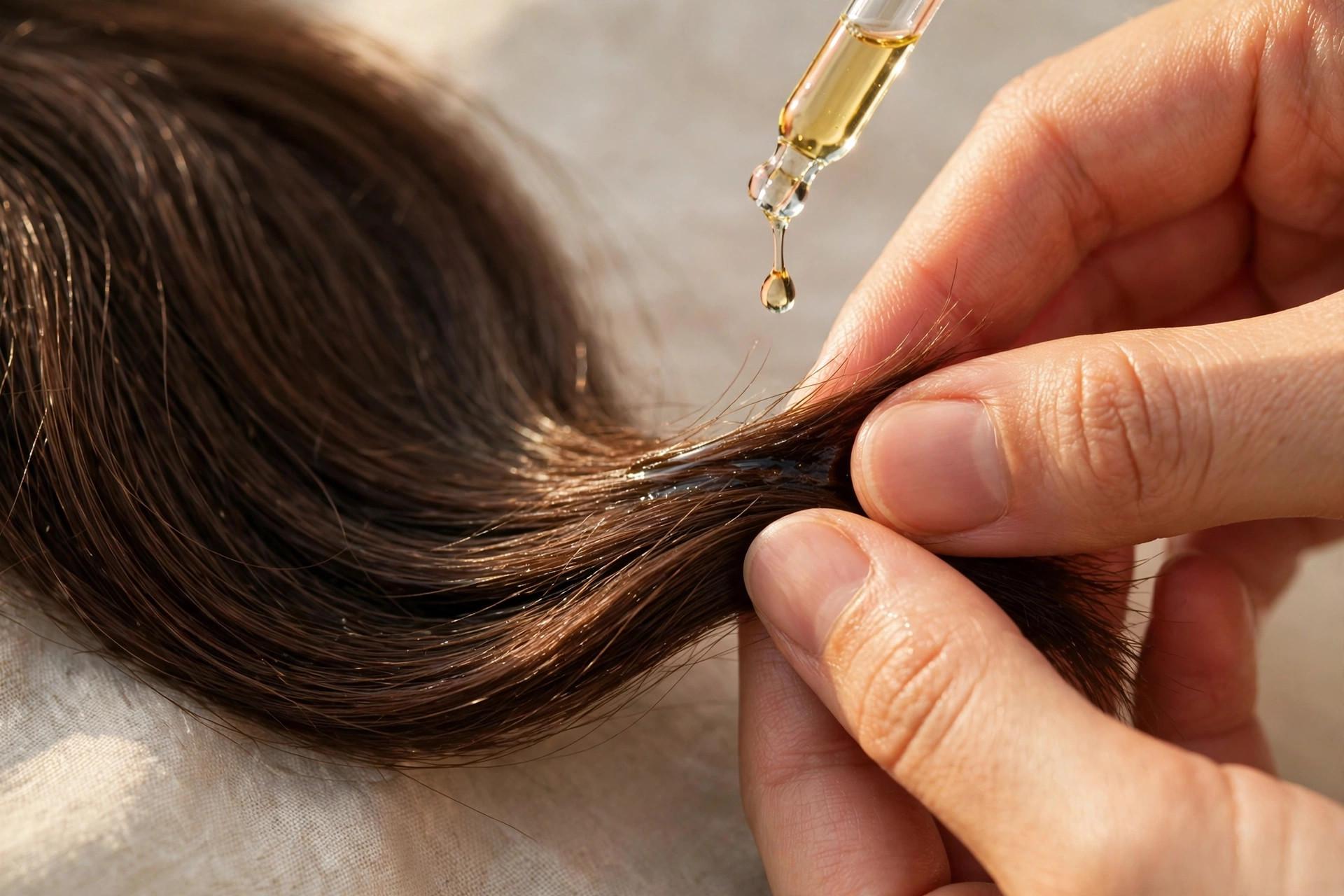 Close-up of long hair ends being smoothed with a drop of hair oil in warm natural light