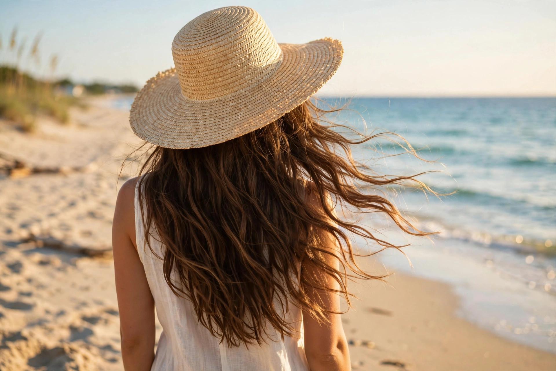Woman with long hair wearing a wide-brim sun hat in bright daylight