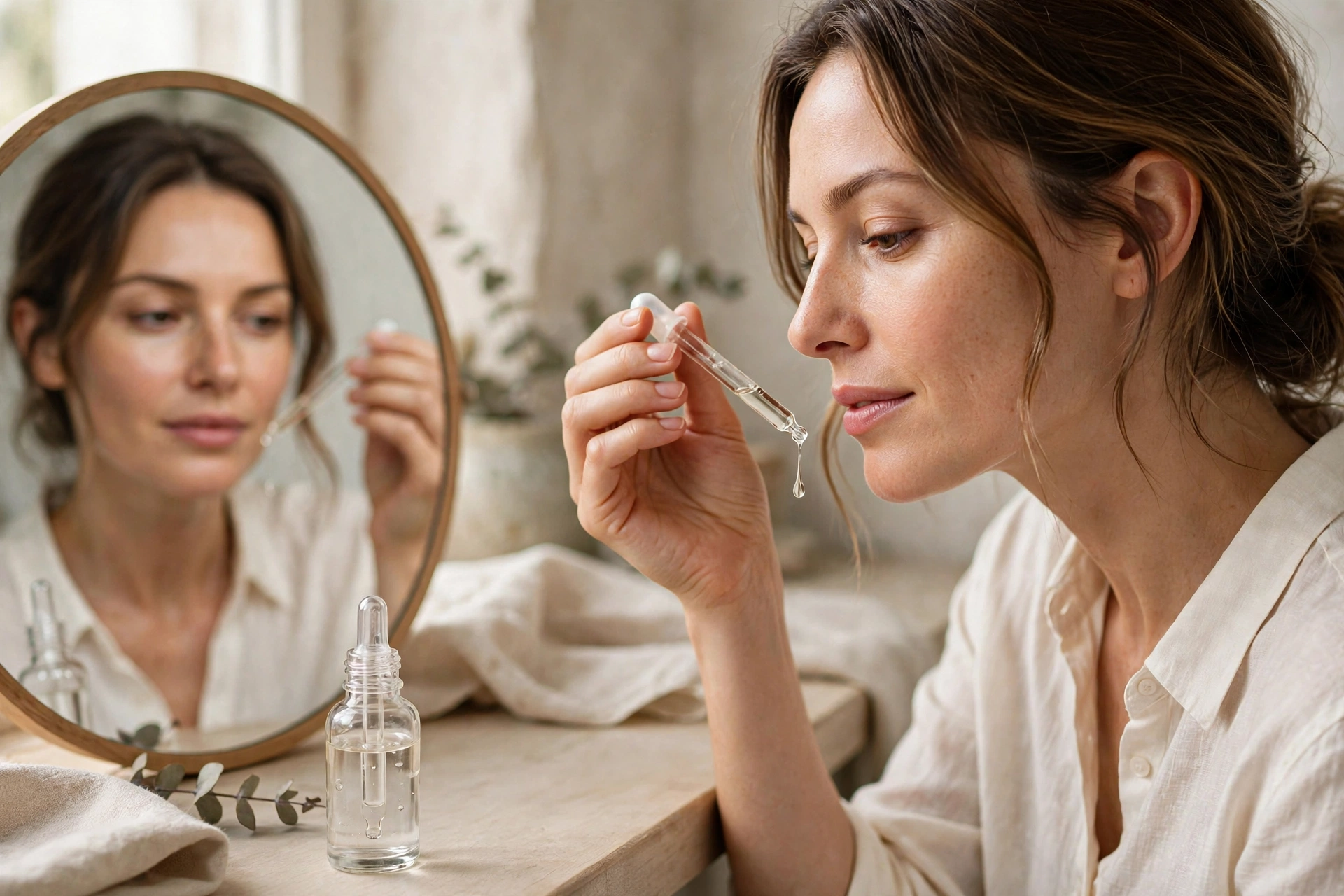 Woman gently applying a drop of clear serum to her cheek in front of a mirror, with a small unlabelled serum bottle nearby